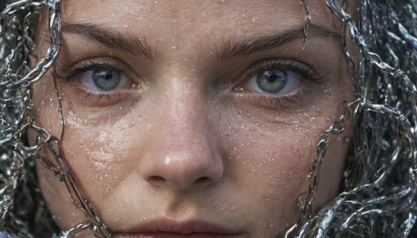 1girl,solo,looking at viewer,blue eyes,black hair,1boy,brown eyes,closed mouth,male focus,water,lips,grey eyes,eyelashes,portrait,close-up,reflection,realistic,nose,eye focus,green eyes,chain,freckles,straight-on