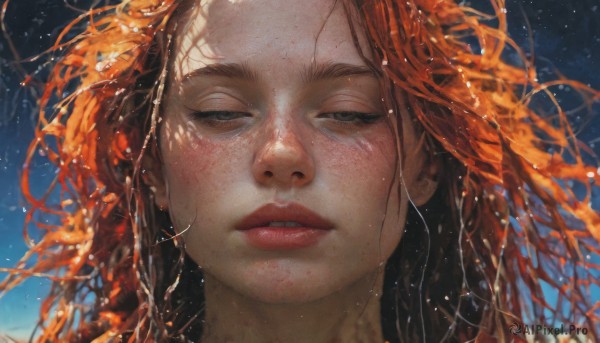 1girl,solo,long hair,brown hair,brown eyes,closed eyes,parted lips,sky,water,orange hair,lips,floating hair,blue background,looking away,half-closed eyes,portrait,star (sky),facing viewer,freckles,realistic,nose,looking at viewer,teeth,blurry,eyelashes,close-up,forehead