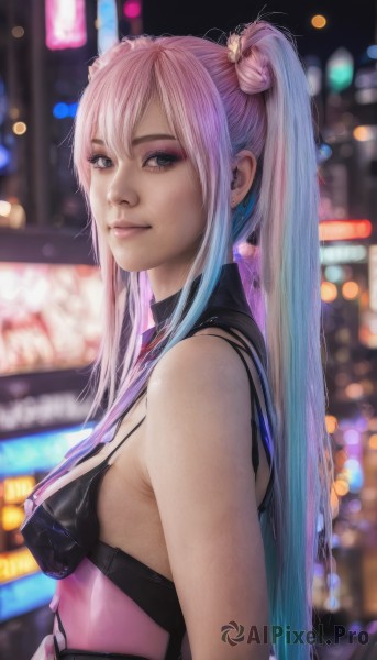 1girl,solo,long hair,breasts,looking at viewer,smile,bangs,blue eyes,hair ornament,bare shoulders,twintails,jewelry,medium breasts,closed mouth,blue hair,upper body,pink hair,multicolored hair,earrings,small breasts,sleeveless,bra,blurry,from side,two-tone hair,lips,gradient hair,makeup,blurry background,eyeshadow,realistic,nose,mascara,sidelocks,artist name,signature,eyelashes,depth of field,bokeh