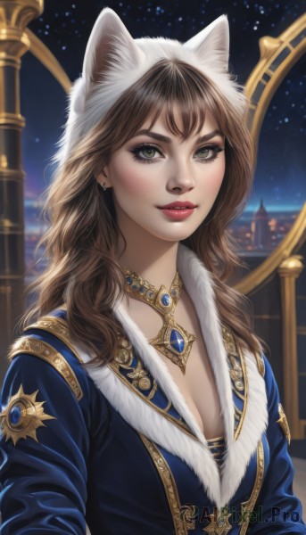 1girl,solo,long hair,breasts,looking at viewer,smile,bangs,brown hair,animal ears,cleavage,brown eyes,jewelry,medium breasts,green eyes,upper body,earrings,parted lips,sky,choker,artist name,cat ears,necklace,blurry,lips,coat,fur trim,eyelashes,makeup,night,blurry background,fake animal ears,wavy hair,gem,star (sky),night sky,pendant,starry sky,nose,red lips,blue coat,signature,hood,lipstick,eyeshadow,realistic,eyeliner,mascara