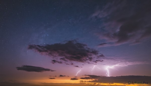 outdoors,sky,cloud,no humans,night,cloudy sky,star (sky),night sky,scenery,starry sky,sunset,horizon,electricity,lightning,gradient sky,shooting star,landscape