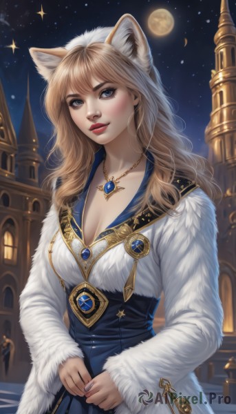 1girl,solo,long hair,breasts,looking at viewer,smile,bangs,blue eyes,blonde hair,large breasts,long sleeves,dress,animal ears,cleavage,jewelry,medium breasts,tail,outdoors,sky,cat ears,necklace,lips,coat,animal ear fluff,fur trim,makeup,night,blue dress,moon,light brown hair,gem,star (sky),night sky,full moon,pendant,starry sky,white coat,red lips,upper body,artist name,wavy hair,lipstick,building,realistic