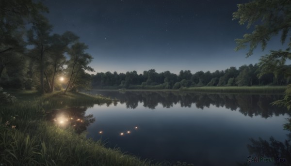 flower,outdoors,sky,water,tree,no humans,night,grass,plant,star (sky),nature,night sky,scenery,forest,starry sky,reflection,river,lake,fireflies,reflective water