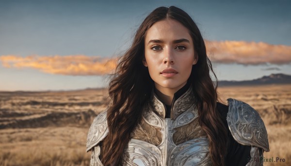 1girl,solo,long hair,looking at viewer,brown hair,brown eyes,upper body,outdoors,parted lips,sky,day,cloud,armor,blurry,lips,blurry background,wavy hair,shoulder armor,curly hair,pauldrons,breastplate,realistic,chainmail