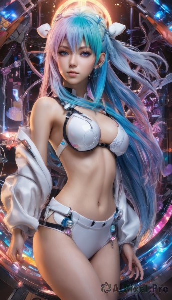 1girl,solo,long hair,breasts,looking at viewer,bangs,blue eyes,hair ornament,long sleeves,ribbon,navel,cleavage,hair between eyes,bare shoulders,jewelry,medium breasts,closed mouth,underwear,blue hair,standing,jacket,swimsuit,hair ribbon,pink hair,bikini,multicolored hair,cowboy shot,earrings,parted lips,open clothes,off shoulder,stomach,nail polish,bra,two-tone hair,lips,fingernails,aqua hair,gradient hair,floating hair,white bikini,piercing,white jacket,ear piercing,white bra,science fiction,realistic,nose,open jacket