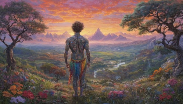 solo,short hair,brown hair,black hair,1boy,standing,flower,male focus,outdoors,sky,barefoot,cloud,from behind,tree,tattoo,bird,grass,nature,scenery,forest,walking,sunset,mountain,facing away,field,landscape,mountainous horizon,orange sky,full-body tattoo,jewelry,water,bracelet,muscular,cloudy sky,topless male,fantasy,loincloth,back tattoo