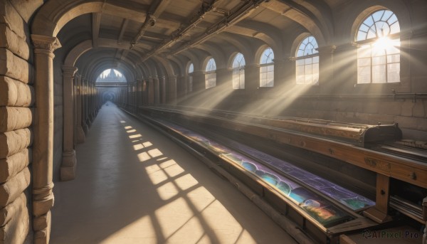 day,indoors,no humans,window,shadow,sunlight,scenery,light rays,stairs,light,shade,architecture,sunbeam,pillar,hallway,church,arch,column,fantasy,wall,brick wall,stained glass