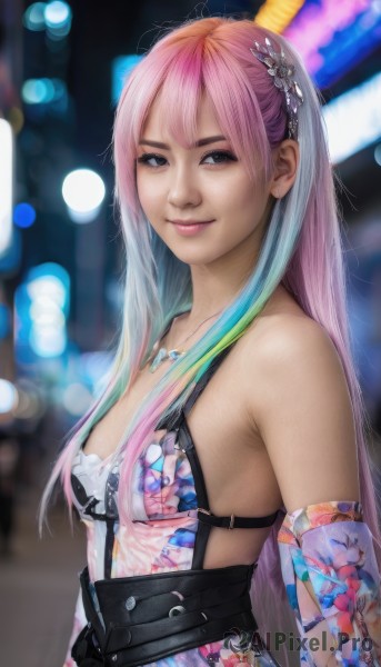 1girl,solo,long hair,breasts,looking at viewer,smile,bangs,hair ornament,gloves,dress,bare shoulders,brown eyes,jewelry,medium breasts,closed mouth,underwear,upper body,pink hair,multicolored hair,small breasts,detached sleeves,elbow gloves,belt,necklace,bra,blurry,black eyes,two-tone hair,lips,gradient hair,blurry background,floral print,realistic,blue hair,swimsuit,bikini,grey eyes