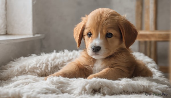 solo,blue eyes,closed mouth,lying,indoors,signature,blurry,no humans,depth of field,blurry background,animal,dog,realistic,animal focus,white fur,fluffy,looking at viewer,on stomach