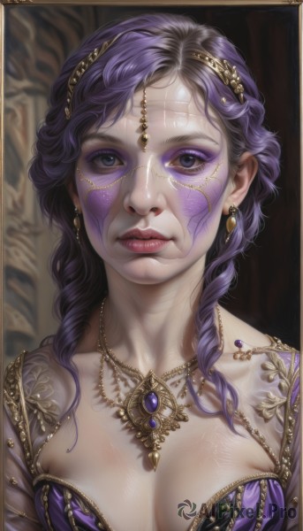 1girl,solo,long hair,breasts,looking at viewer,bangs,blue eyes,hair ornament,dress,cleavage,jewelry,medium breasts,purple eyes,collarbone,upper body,purple hair,earrings,parted lips,teeth,necklace,lips,eyelashes,tattoo,makeup,facial mark,lipstick,gem,portrait,eyeshadow,circlet,realistic,nose,gold,mascara,glasses,artist name,curly hair