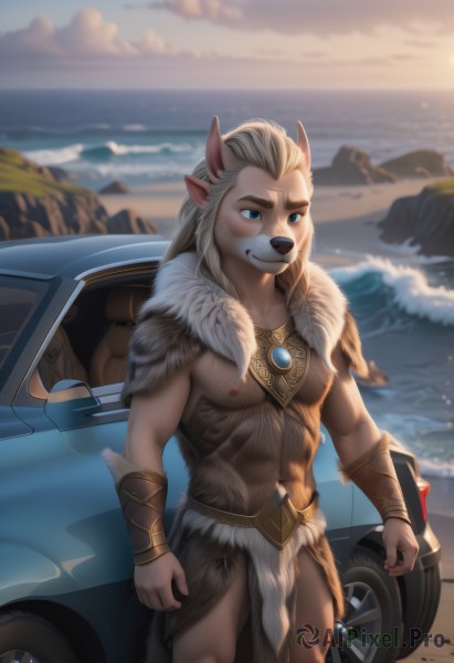 solo,long hair,smile,blue eyes,blonde hair,1boy,navel,animal ears,jewelry,closed mouth,nipples,standing,male focus,thighs,cowboy shot,outdoors,sky,artist name,cloud,water,necklace,blurry,looking to the side,fur trim,muscular,blurry background,ocean,beach,thick thighs,abs,pectorals,muscular male,ground vehicle,bara,motor vehicle,pelvic curtain,furry,large pectorals,topless male,sunset,car,bracer,furry male,body fur,white fur,snout,brown fur,driving,grey fur,lion boy,braid,teeth,day,pointy ears,watermark,waves