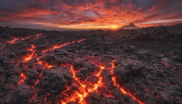 outdoors, sky, cloud, no humans, cloudy sky, fire, scenery, sunset, mountain, landscape, molten rock