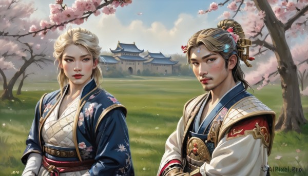 1girl,long hair,looking at viewer,blush,blonde hair,brown hair,hair ornament,long sleeves,1boy,brown eyes,upper body,flower,outdoors,parted lips,sky,day,cloud,hair flower,hair bun,tree,blue sky,lips,sash,petals,makeup,facial hair,siblings,chinese clothes,single hair bun,grass,cherry blossoms,red lips,hair stick,architecture,east asian architecture,hanfu,bangs,multiple girls,2girls,japanese clothes,kimono,mole,floral print,pink flower,forehead mark,realistic