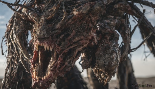 solo,open mouth,outdoors,horns,sky,teeth,day,blurry,no humans,blurry background,chain,sharp teeth,claws,spikes,monster,dragon,scales,giant,dust,wings,tongue,cloud,tongue out,armor,blue sky,depth of field,cloudy sky