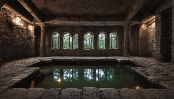 indoors,water,tree,no humans,window,sunlight,scenery,reflection,light rays,stairs,fantasy,light,architecture,ruins,pillar,hallway,church,arch,chandelier,fire,candle,torch