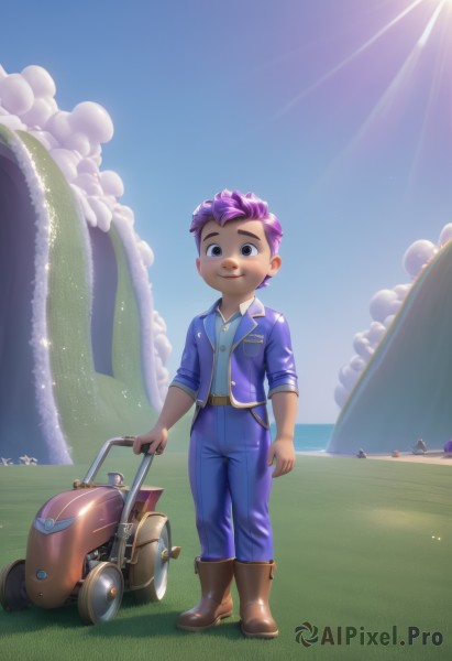 1girl,solo,looking at viewer,smile,short hair,shirt,1boy,brown eyes,closed mouth,standing,jacket,full body,purple hair,male focus,boots,outdoors,open clothes,sky,day,belt,pants,artist name,cloud,dark skin,water,vest,blue sky,brown footwear,grass,blue shirt,blue jacket,child,sun,blue pants,brown belt,male child,suitcase,blue eyes,pink hair,bag,open jacket,ocean,scar,sunlight,freckles,light rays,undercut