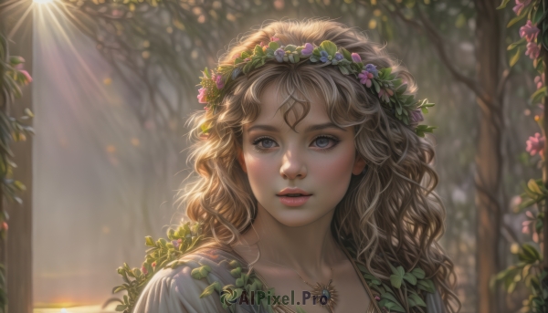 1girl,solo,long hair,looking at viewer,smile,blue eyes,blonde hair,brown hair,hair ornament,jewelry,closed mouth,collarbone,flower,outdoors,hair flower,necklace,blurry,tree,lips,grey eyes,eyelashes,depth of field,blurry background,leaf,wavy hair,sunlight,plant,portrait,nature,pendant,freckles,curly hair,realistic,nose,head wreath,vines,wreath,blush,bangs,parted lips,light rays