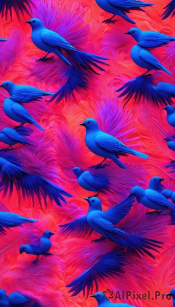 sky,cloud,no humans,bird,animal,scenery,red background,flying,animal focus,red theme,too many,red sky,flock,open mouth,closed mouth,closed eyes,artist name,from side,glowing,watermark,from above,pink background,looking up,colorful,blue feathers