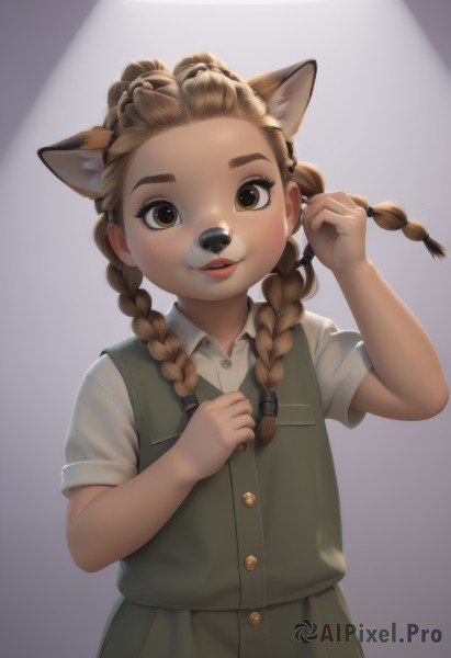 1girl,solo,long hair,looking at viewer,blush,smile,open mouth,skirt,simple background,brown hair,shirt,animal ears,brown eyes,standing,white shirt,upper body,braid,short sleeves,parted lips,collared shirt,hand up,vest,twin braids,flat chest,hands up,buttons,green skirt,child,dog ears,furry,forehead,freckles,furry female,female child,green vest,animal nose,snout,brown fur,dress,cat ears,animal ear fluff,fox ears,thick eyebrows,hair over shoulder,extra ears,green dress