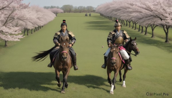 long hair,black hair,long sleeves,1boy,hat,closed mouth,male focus,outdoors,multiple boys,2boys,hair bun,armor,tree,petals,animal,single hair bun,grass,cherry blossoms,riding,japanese armor,field,horse,topknot,horseback riding,saddle,looking at viewer,smile,short hair,brown hair,holding,standing,full body,japanese clothes,sky,day,black headwear,facial hair,chinese clothes,breastplate,fence,korean clothes