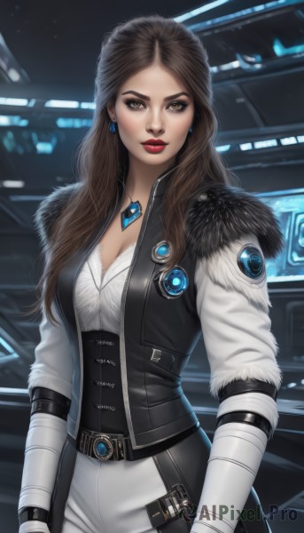 1girl,solo,long hair,breasts,looking at viewer,brown hair,gloves,long sleeves,cleavage,brown eyes,jewelry,medium breasts,jacket,earrings,belt,pants,necklace,vest,lips,coat,fur trim,makeup,lipstick,gem,corset,pendant,eyeshadow,science fiction,white pants,red lips,shirt,holding,closed mouth,standing,white shirt,weapon,cowboy shot,artist name,gun,realistic,nose