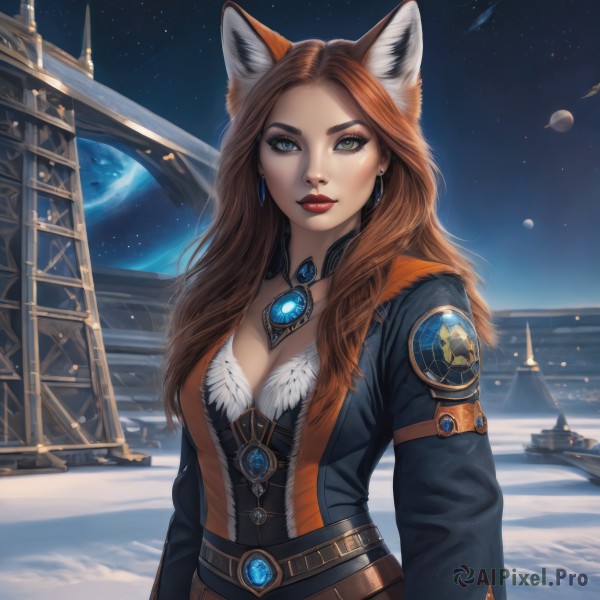 1girl,solo,long hair,breasts,looking at viewer,blue eyes,brown hair,long sleeves,animal ears,cleavage,jewelry,medium breasts,green eyes,upper body,earrings,outdoors,sky,belt,artist name,cat ears,necklace,lips,fox ears,makeup,night,heterochromia,lipstick,gem,star (sky),snow,starry sky,red lips,space,planet,earth (planet),closed mouth,signature,fur trim,thick eyebrows,fox girl,night sky,forehead,eyeshadow,freckles,realistic,nose,fantasy