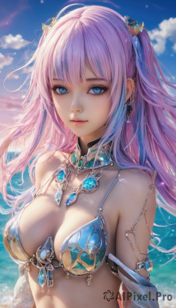 1girl,solo,long hair,breasts,looking at viewer,smile,bangs,blue eyes,hair ornament,navel,cleavage,bare shoulders,jewelry,medium breasts,closed mouth,blue hair,collarbone,swimsuit,upper body,pink hair,bikini,multicolored hair,earrings,outdoors,detached sleeves,sky,choker,day,cloud,water,necklace,blurry,two side up,blue sky,lips,streaked hair,see-through,eyelashes,blurry background,ocean,beach,piercing,gem,blue bikini,armlet,bikini armor,blue gemstone,twintails,purple hair,armor,detached collar,cloudy sky,ear piercing,realistic