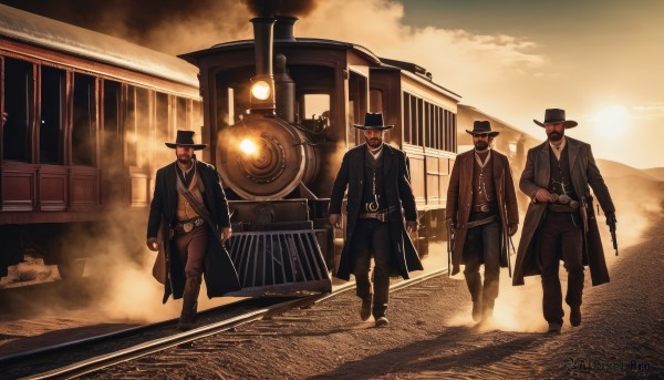 hat,weapon,male focus,multiple boys,sky,glasses,belt,cloud,coat,gun,facial hair,sunglasses,3boys,ground vehicle,motor vehicle,beard,handgun,smoke,walking,4boys,mustache,holster,long coat,fedora,trench coat,train,desert,train station,railroad tracks,steampunk,holding,jacket,boots,outdoors,necktie,pants,necklace,holding weapon,vest,black headwear,mask,formal,suit,holding gun,top hat,revolver