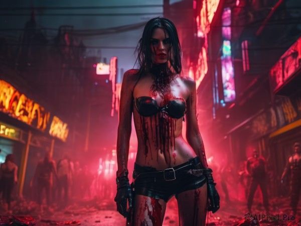 1girl,long hair,breasts,looking at viewer,black hair,gloves,navel,bare shoulders,medium breasts,underwear,standing,weapon,outdoors,shorts,solo focus,black gloves,midriff,belt,bra,blurry,lips,gun,short shorts,strapless,blood,blurry background,black shorts,blood on face,city,realistic,blood on clothes,multiple others,zombie,death,cyberpunk,neon lights,solo,cleavage,jewelry,swimsuit,bikini,cowboy shot,earrings,parted lips,necklace,wet,torn clothes,night,lipstick,front-tie top,bikini top only,contrapposto,hoop earrings,nose,street,crowd,alley