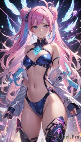 1girl,solo,long hair,breasts,looking at viewer,bangs,blue eyes,thighhighs,gloves,long sleeves,navel,cleavage,bare shoulders,twintails,jewelry,medium breasts,very long hair,closed mouth,blue hair,standing,jacket,swimsuit,pink hair,ahoge,sidelocks,bikini,thighs,multicolored hair,cowboy shot,earrings,open clothes,black gloves,black thighhighs,fingerless gloves,off shoulder,stomach,hair bun,two-tone hair,open jacket,streaked hair,groin,double bun,detached collar,highleg,white jacket,single thighhigh,revealing clothes,doughnut hair bun,blush,hair ornament,outdoors,parted lips,sky,nail polish,lips,see-through,skindentation,night,halterneck,expressionless,building,star (sky),night sky,blue bikini,starry sky,city,cityscape,highleg bikini,multi-strapped bikini,skyscraper