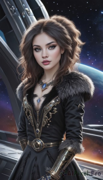 1girl,solo,long hair,breasts,looking at viewer,brown hair,dress,cleavage,brown eyes,jewelry,medium breasts,sky,belt,hood,necklace,lips,coat,grey eyes,fur trim,makeup,wavy hair,lipstick,gauntlets,star (sky),pendant,starry sky,black coat,realistic,nose,space,planet,earth (planet),gloves,standing,parted lips,black dress,gem,eyeshadow,backlighting,science fiction