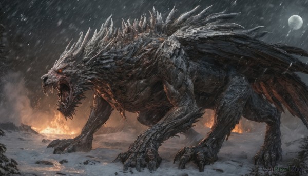 solo,open mouth,red eyes,tail,outdoors,wings,horns,sky,teeth,cape,tree,no humans,night,glowing,fangs,moon,fire,sharp teeth,night sky,glowing eyes,claws,snow,full moon,spikes,monster,snowing,dragon