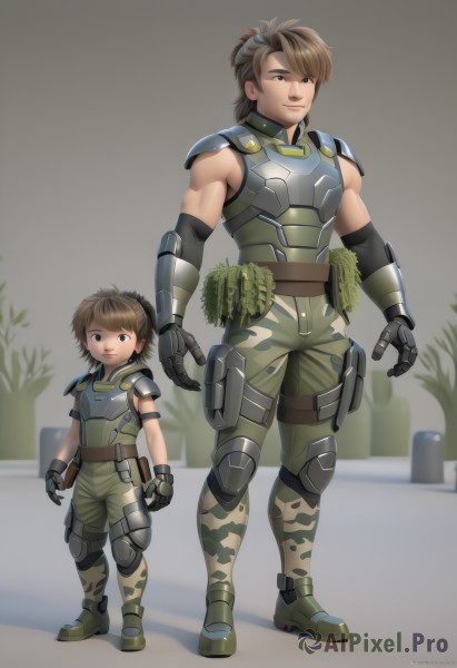 looking at viewer,smile,short hair,brown hair,gloves,brown eyes,standing,full body,male focus,boots,multiple boys,sleeveless,black gloves,artist name,2boys,armor,muscular,plant,child,dual persona,height difference,potted plant,male child,knee pads,camouflage,father and son,camouflage pants,solo,simple background,1boy,grey background,multiple views,watermark