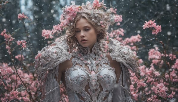 1girl, solo, breasts, blue eyes, blonde hair, hair ornament, medium breasts, upper body, flower, armor, blurry, lips, blurry background, looking away, shoulder armor, snow, pauldrons, snowing, realistic, branch