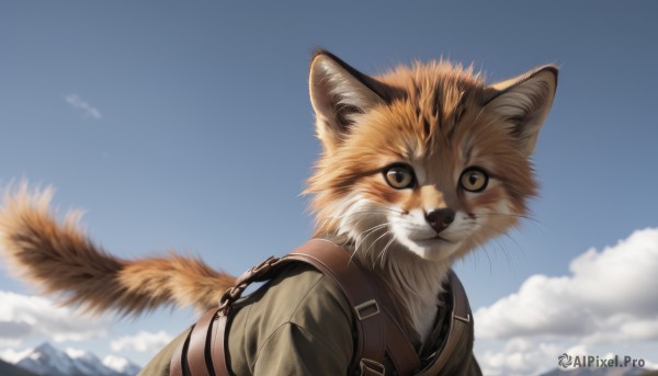 solo,looking at viewer,brown eyes,tail,upper body,outdoors,sky,day,cloud,blurry,blue sky,no humans,animal,cat,backpack,mountain,realistic,animal focus,whiskers,military,depth of field,blurry background,close-up,fox