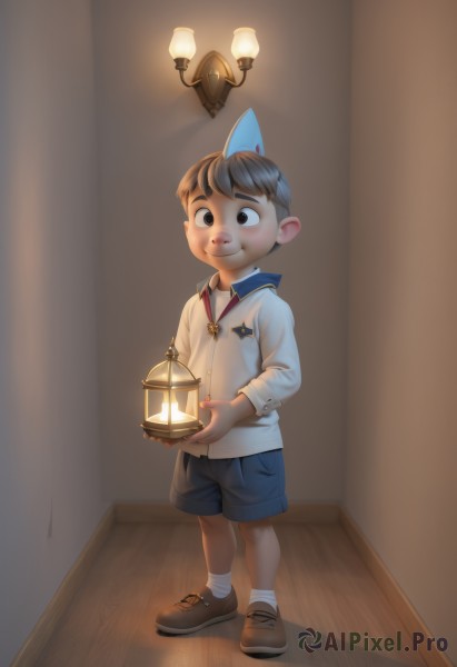 solo,looking at viewer,smile,short hair,brown hair,shirt,black hair,long sleeves,1boy,hat,holding,closed mouth,standing,full body,white shirt,male focus,shoes,shorts,socks,indoors,black eyes,brown footwear,white socks,child,blue headwear,blue shorts,lantern,wooden floor,light,lamp,male child,party hat,brown eyes,candle