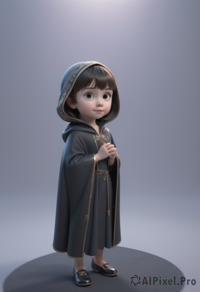 1girl,solo,looking at viewer,short hair,bangs,simple background,brown hair,black hair,long sleeves,dress,brown eyes,closed mouth,standing,full body,shoes,hood,wide sleeves,blunt bangs,grey background,black footwear,black dress,lips,shadow,own hands together,child,cloak,hood up,robe,female child,black robe,hooded robe,smile,jewelry,black eyes,realistic,faux figurine