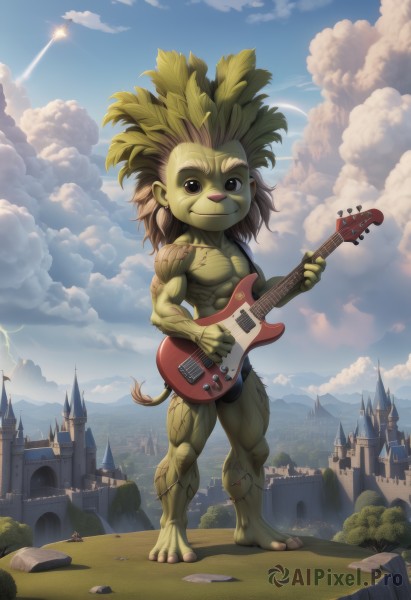 solo,looking at viewer,smile,brown hair,1boy,holding,brown eyes,standing,tail,full body,male focus,outdoors,sky,day,cloud,tree,blue sky,muscular,colored skin,cloudy sky,building,instrument,furry,city,music,guitar,furry male,green skin,playing instrument,holding instrument,castle,electric guitar,contrail,plectrum,blonde hair,no humans,abs,scenery,yellow skin