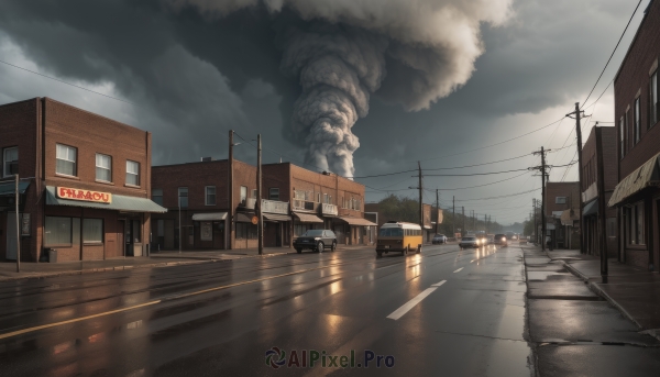 outdoors,sky,day,cloud,tree,no humans,window,cloudy sky,fire,ground vehicle,building,scenery,motor vehicle,smoke,reflection,city,sign,car,road,house,power lines,lamppost,street,utility pole,puddle,truck,crosswalk,realistic,road sign,shop,traffic light