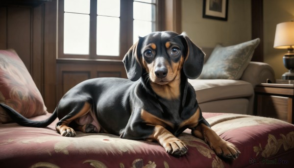 HQ,solo,lying,day,indoors,pillow,no humans,window,bed,animal,on bed,sunlight,couch,dog,realistic,blanket,lamp,bedroom,animal focus,painting (object),looking at viewer,brown eyes,tongue,sleeping