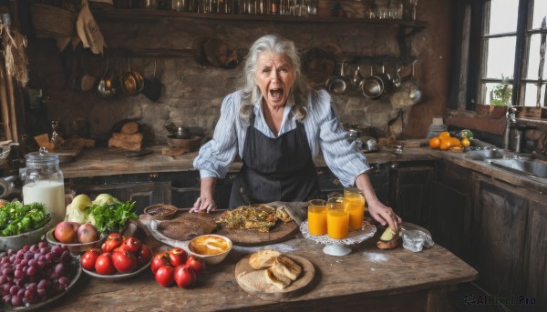 solo,long hair,looking at viewer,open mouth,shirt,long sleeves,1boy,holding,standing,white shirt,white hair,grey hair,male focus,food,day,striped,collared shirt,indoors,apron,cup,window,dress shirt,fruit,facial hair,table,bottle,blue shirt,knife,plant,beard,vertical stripes,plate,bowl,striped shirt,mug,realistic,spoon,fork,apple,basket,holding knife,bread,old,old man,cooking,grapes,vertical-striped shirt,orange (fruit),kitchen,jar,lemon,tomato,vegetable,black apron,counter,wooden table,potato,kitchen knife,cutting board,onion,blonde hair,banana,cheese