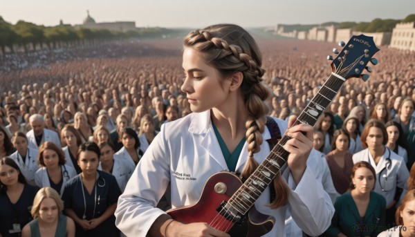 1girl,long hair,multiple girls,blonde hair,brown hair,shirt,long sleeves,holding,jewelry,closed mouth,closed eyes,white shirt,upper body,braid,outdoors,multiple boys,solo focus,blurry,lips,single braid,blurry background,6+girls,instrument,child,6+boys,realistic,music,guitar,playing instrument,holding instrument,electric guitar,crowd,real life insert,stadium,black hair,brown eyes,day,facial hair,blue shirt,hair over shoulder,beard,green shirt,mustache,labcoat,stethoscope,plectrum,doctor,audience