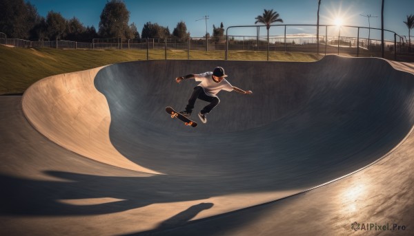 solo,short hair,shirt,black hair,1boy,white shirt,male focus,outdoors,sky,shoes,day,pants,water,tree,shadow,black pants,grass,t-shirt,sneakers,scenery,baseball cap,reflection,sunset,palm tree,sun,road,skateboard,park,hat,sportswear,baseball bat,baseball,baseball mitt