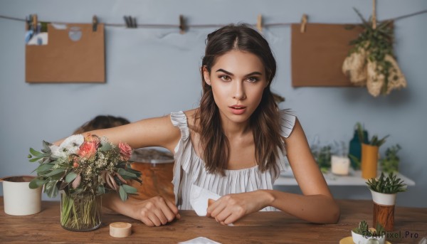 1girl,solo,long hair,looking at viewer,smile,brown hair,dress,brown eyes,upper body,flower,frills,parted lips,food,sleeveless,indoors,white dress,mole,blurry,apron,cup,lips,blurry background,table,plant,white flower,pink flower,freckles,realistic,potted plant,vase,kitchen,cutting board,shirt,sitting,collarbone,depth of field,pov across table