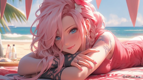 1girl,solo,long hair,breasts,looking at viewer,blush,smile,bangs,blue eyes,hair ornament,hair between eyes,bare shoulders,jewelry,closed mouth,swimsuit,pink hair,braid,flower,earrings,outdoors,lying,sky,sleeveless,day,cloud,hair flower,water,nail polish,blurry,tree,blue sky,lips,fingernails,eyelashes,tattoo,makeup,depth of field,blurry background,ocean,beach,crossed arms,ring,bottle,cross,on stomach,towel,pink dress,pink nails,pink lips,sand,palm tree,shade,arm tattoo,shoulder tattoo,beach umbrella,cross earrings,mascara,multiple rings,lotion,beach towel,hyur,pink one-piece swimsuit,red nails