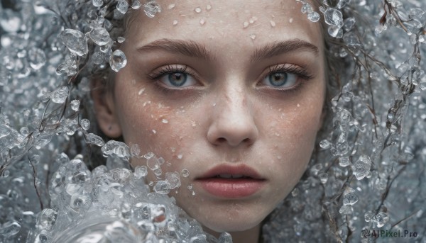 1girl,solo,looking at viewer,blue eyes,black hair,parted lips,water,lips,grey eyes,eyelashes,portrait,close-up,realistic,teeth,blurry,forehead,freckles,water drop,branch,straight-on