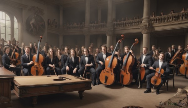 short hair,blonde hair,brown hair,shirt,long sleeves,bow,holding,sitting,jacket,closed eyes,male focus,multiple boys,necktie,pants,indoors,bowtie,black footwear,black jacket,window,chair,parody,black pants,formal,table,suit,instrument,6+boys,realistic,music,guitar,playing instrument,traditional bowtie,statue,violin,drum,piano,fine art parody,trumpet,flute,sheet music,bow (music),baton (conducting),grand piano,1girl,long hair,multiple girls,black hair,white shirt,glasses,facial hair,6+girls,scenery,beard,mustache,bald,black suit