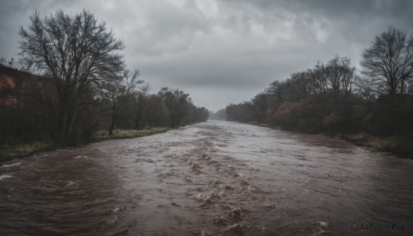 outdoors,sky,day,cloud,water,tree,no humans,cloudy sky,grass,nature,scenery,forest,road,bare tree,landscape,fog,grey sky,path,overcast