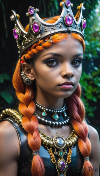 1girl,solo,long hair,looking at viewer,hair ornament,brown eyes,jewelry,upper body,braid,red hair,multicolored hair,earrings,sleeveless,necklace,orange hair,blurry,twin braids,lips,eyelashes,makeup,blurry background,tiara,crown,gem,hair over shoulder,freckles,realistic,nose,dress,bare shoulders,piercing,portrait,multiple braids