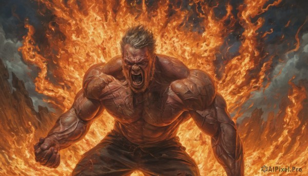 A vivid fiery dynamic scene showcasing a male